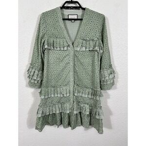 Alexis Audrea Mini Dress Womens Large Ruffled V-Neck Green 3/4 Sleeve Eyelet